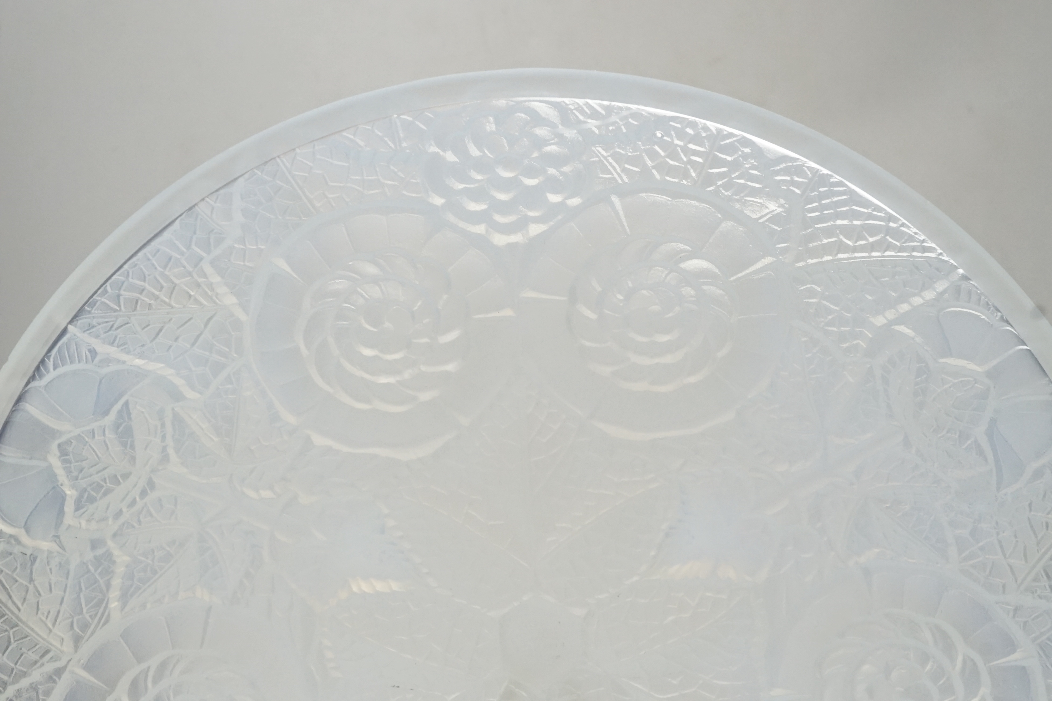 A French Lalique style opalescent glass dish, 32cm